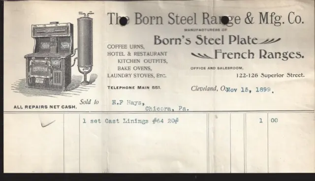 1899 The Born Steel Range & Mfg. Co. Cleveland Ohio Receipt Antique Ephemera