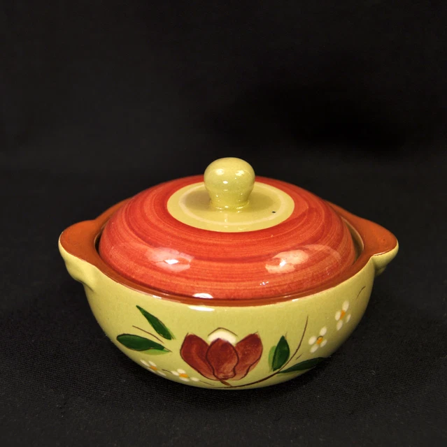 Stangl Magnolia Individual Casserole HandPainted Maroon Yellow Green Engobe 1952