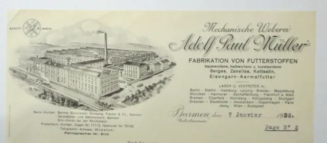 Weberei Adolf Paul Müller, Barmen 1932 - dekorative Firmenrechnung / Brief
