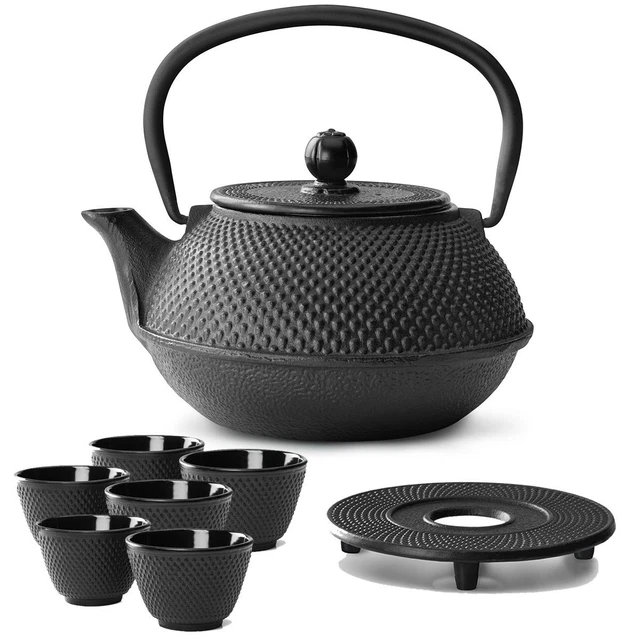 Asia Tee Set Teekanne Teesieb 6 Becher Untersetzer Teeservice Gußeisen 0,8 L