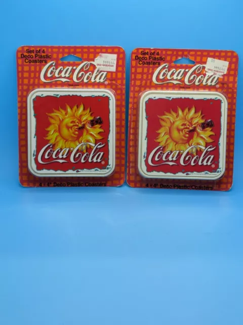 Vintage New Set of 4 Deco Plastic Coasters Sun Drinking A Coke 1994 Lot Of 2