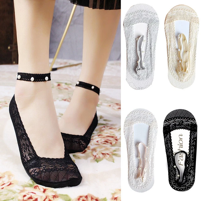 Womens Breathable Thin Pearl Floral Boat Socks Lace Summer Invisible Ankle Socks