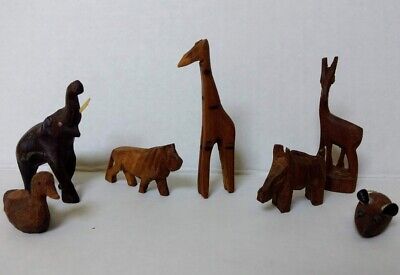 Primitive Wood Carving Safari Animals Miniature Duck Elephant Giraffe 3" Vtg Lot