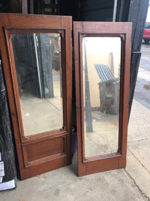 pair vintage built in cabinet doors mirrored c1880 quartersawn oak 60” x 22.5”