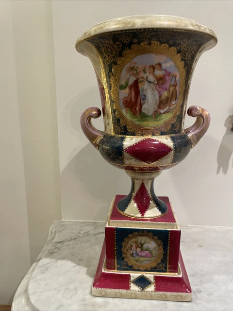 ANTIQUE PORCELAIN ROYAL VIENNA AUSTRIAN URN, VASE on Pedestal 15” TALL , SIGNED