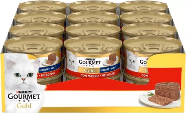 Purina Gourmet Gold Mousse Cibo Umido per Gatti con Manzo, 24 Lattine da 85g