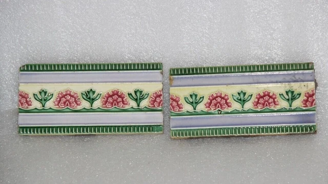 Vintage Colorful Flower Embossed Ceramic Old Tile, JAPAN 2PC 14280