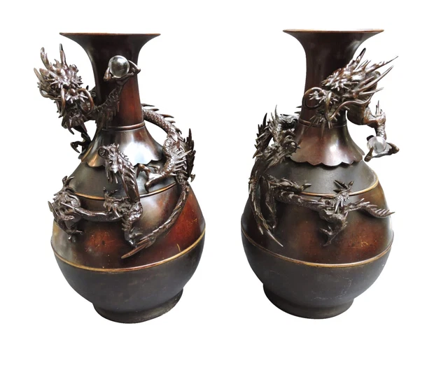Pr. 19th C. Meiji Period Japanese Bronze Dragon Vases, Suzuki Masayoshi