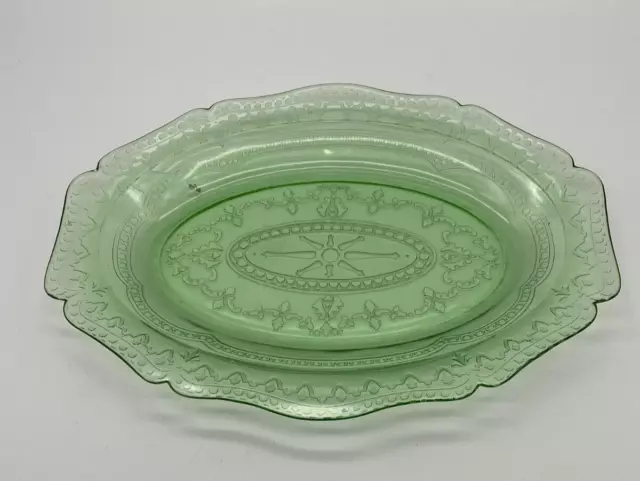 Vintage Hazel Atlas Florentine Poppy Green Depression Glass Oval Platter 11.5"