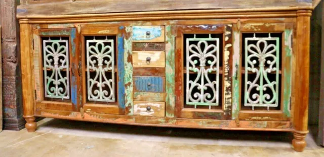 Reclaimed Indian Cabinet Sideboard TV Stand Wood W/ Wrought Iron. 2