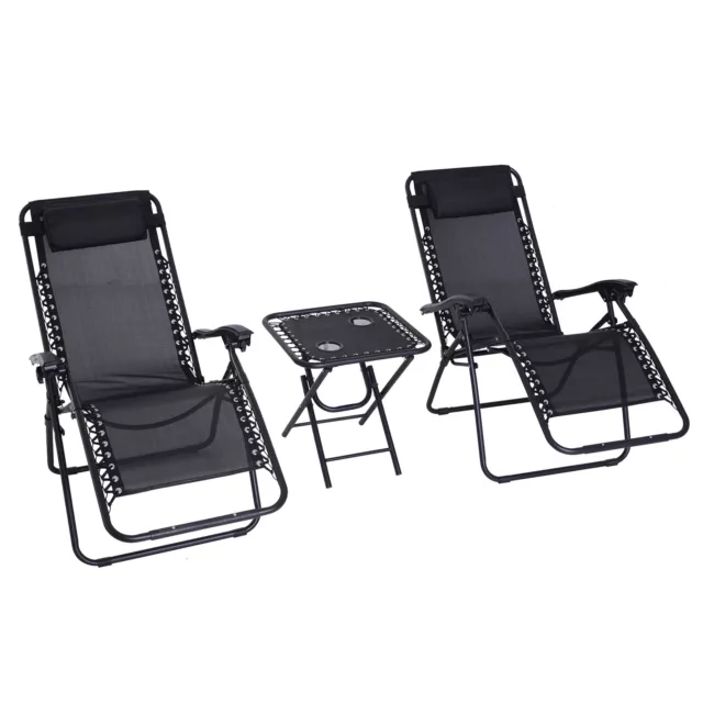 3PC Zero Gravity Chairs Sun Lounger Table Set w/ Cup Holders, Black Outsunny