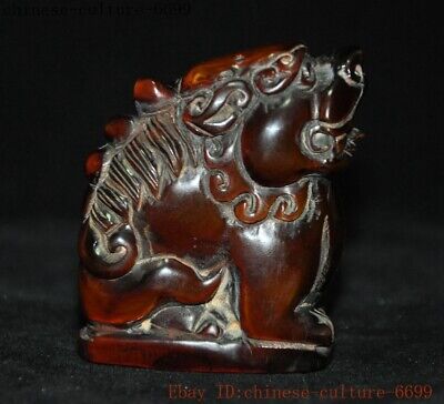 Collect Rare Chinese old ox horn horns carved Lucky foo dog Lion beast statue