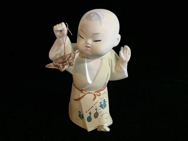 K0949 Japanese Pottery KIMONO Boy Doll Okimono Vintage Interior Statue Turtle
