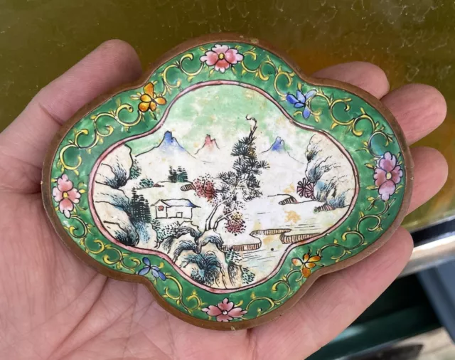 Antique Qing Dynasty - Republic Era Chinese Enamel Cloisonne Winter Scene Dish