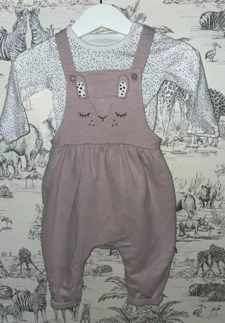 Baby Girls Next Dungaree Set 2 Piece Bodysuit Pink Bunny Rabbit Cotton Outfit