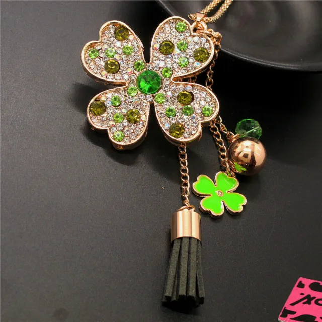 Gifts Betsey Johnson Green Crystal Lucky Clover Tassel Pendant China Necklace