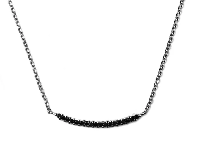 925 Sterling Silver  Black Cubic Zirconia Curved Bar Chain Necklace  17"