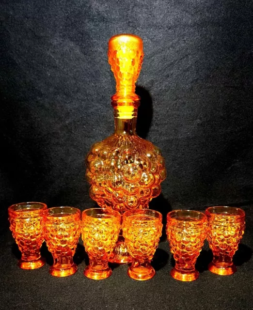 Vintage Empoli Amber Grape Bubble Glass Decanter And 6 Matching Cordial Glasses