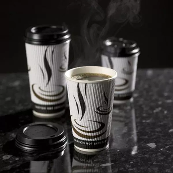 100 x 16oz Weaved Paper Coffee Cups Kraft Ripple 3 Ply + Black Lids