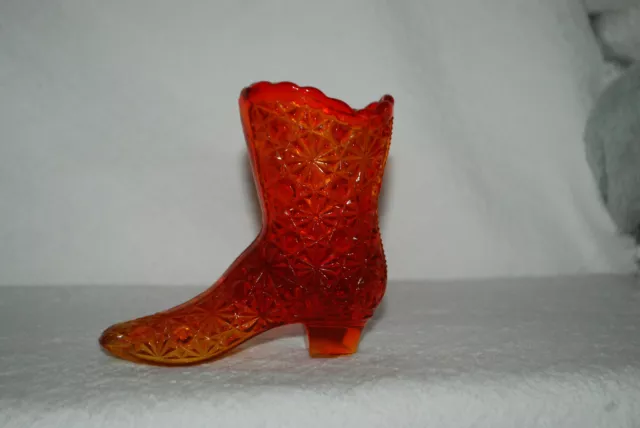 Vintage Fenton or Mosser Orange Amberina glass boot daisy and button