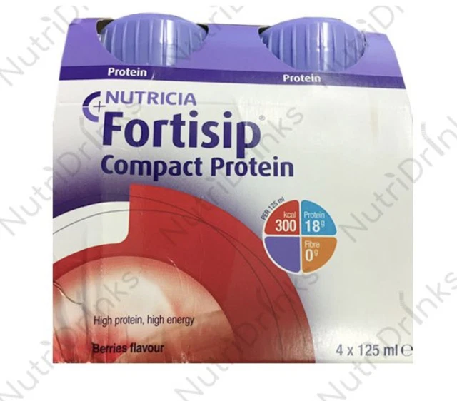 48 X Fortisip Compact Protein Drink 125ml (4 Pack) Berries Flavour Long Exp