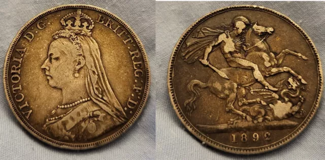 1892 VICTORIA CROWN Moneta Argento Solido 0,925 Vecchia Prova Ben Tonificata