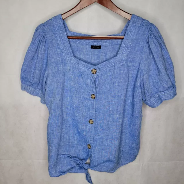 Talbots Blouse Blue Chambray 100% Linen Tie Front Short Puff Sleeves Button-up L