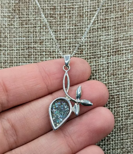Sterling Silver Ancient Roman Glass Teardrop Flower Pendant Chain Necklace