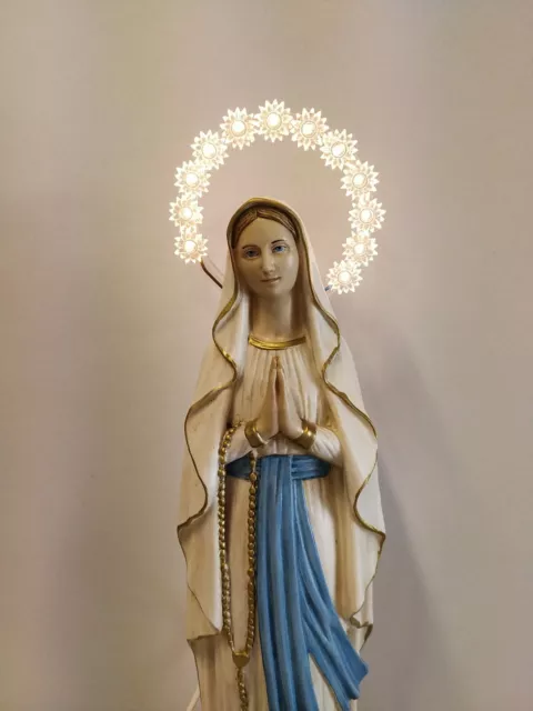 Statua Madonna Di Lourdes Cm 50 Marmo Resina Con Aureola Luminosa Made In Italy
