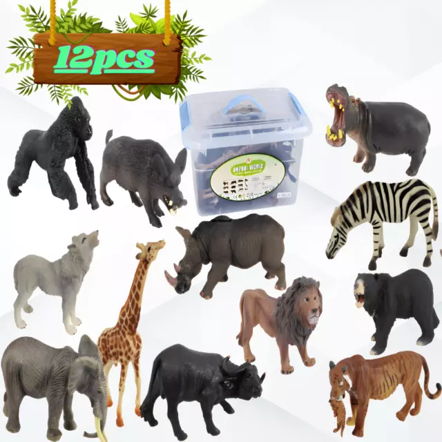 RLS 12 pcs Solid jumbo  wild Africa Animals in a storage Safari Animal Toys