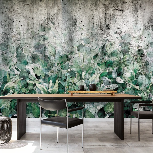 Papier Paint Intissé Panoramique Feuilles Béton Vert 3D XXL Chambre Trompe l'oei
