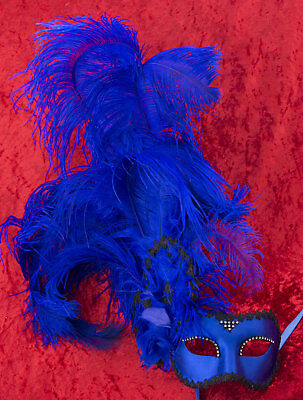 Mask from Venice Colombine Satin IN Feathers Ostrich Blue Paper Mache 22430