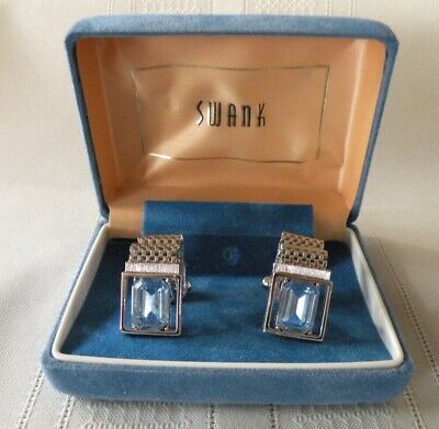 Vintage Swank Faux Blue Topaz Rhinestone Silver Tone Wrap Cufflinks Orginal Box
