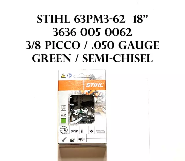 Stihl OEM 63PM3-62 18" Green 3636 005 0062 Chainsaw Chain .050 3/8 Picco 62DL