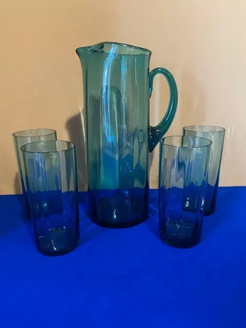 Vintage Water Jug Lemonade White friars Blue Glass Set Glasses