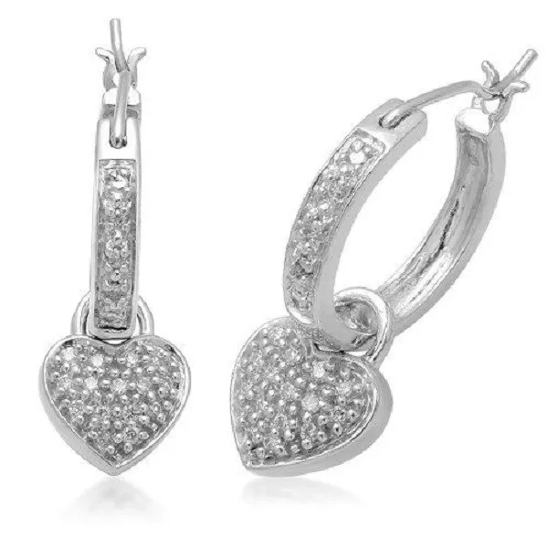 .78 CT Natural Diamond Dangling Heart Hoop Earrings in 14k white gold Great Gift