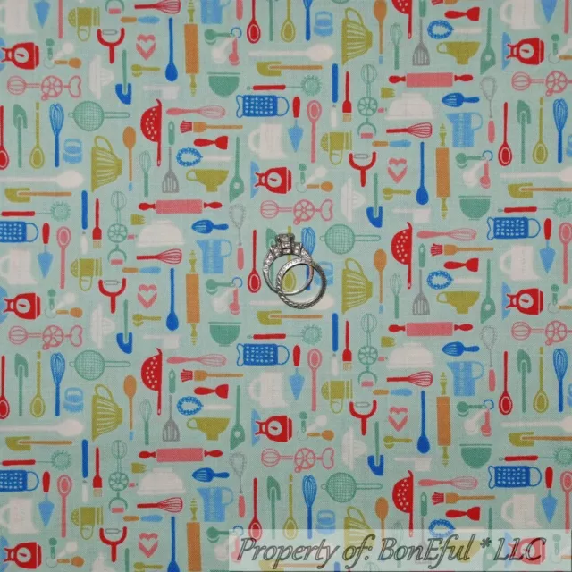 BonEful FABRIC FQ Cotton Quilt Blue Red White VTG RETRO Kitchen Small Bake Cook