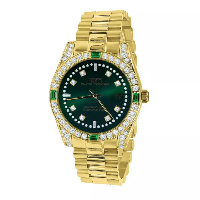 Green Vignette Dial Full Stainless Steel Gold Tone Simulated Diamond Watch 40mm