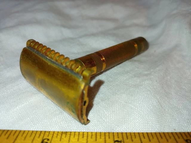 Vintage 1930s? Gillette Fat Handle Double Edged Safety Razor Gold Tone Long Comb