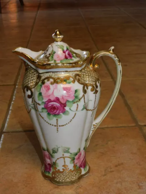 Antique Art Nouveau Rose & Heavy Gold Chocolate / Coffee Pot, Marked