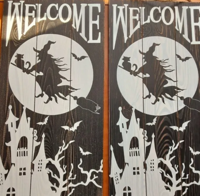 Halloween Witch Welcome Fun Halloween Decor 11"  X 24" Faux Wood  Signs
