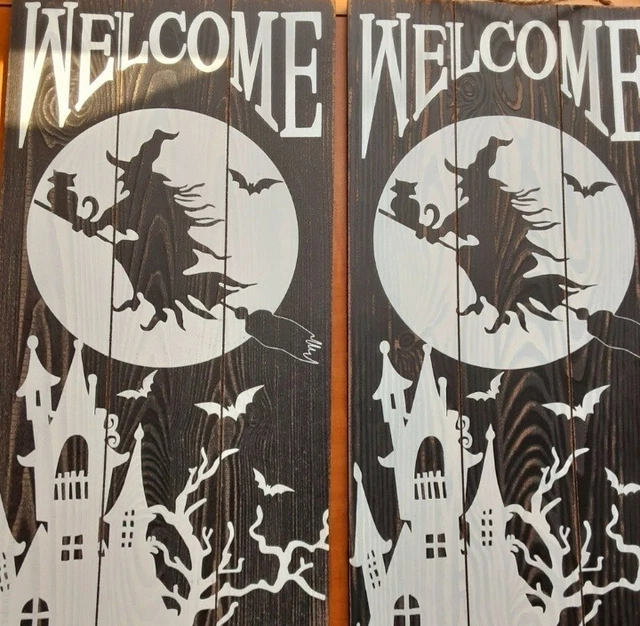 Halloween Witch Welcome Fun Halloween Decor 11"  X 24" Faux Wood  Signs