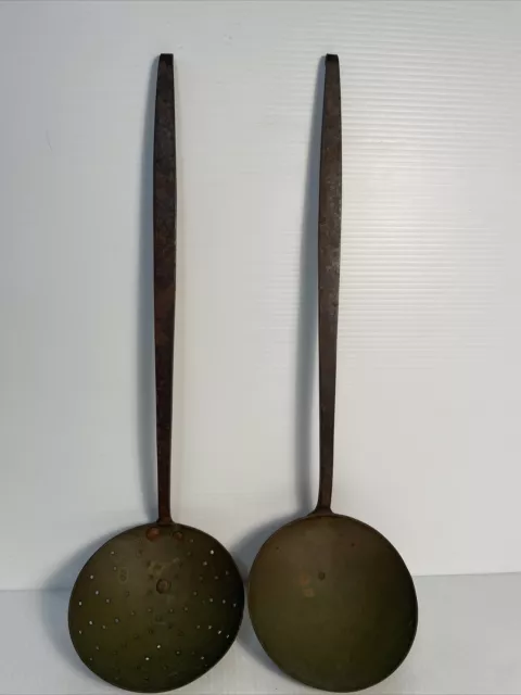 Antique Early Strainer & Ladle Hand Forged Wrought Iron & Brass or Copper Lg 18”