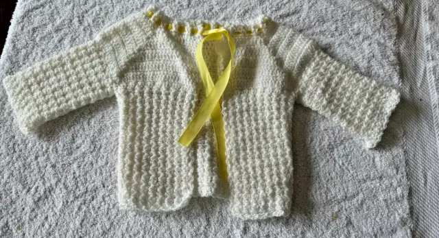 Vintage Hand Crocheted White Baby Sweater w/ Yellow Grosgrain Ribbon