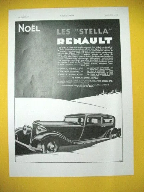 Publicite De Presse Renault Automobile Stella 6 Et 8 Cylindres Pour Noel 1932