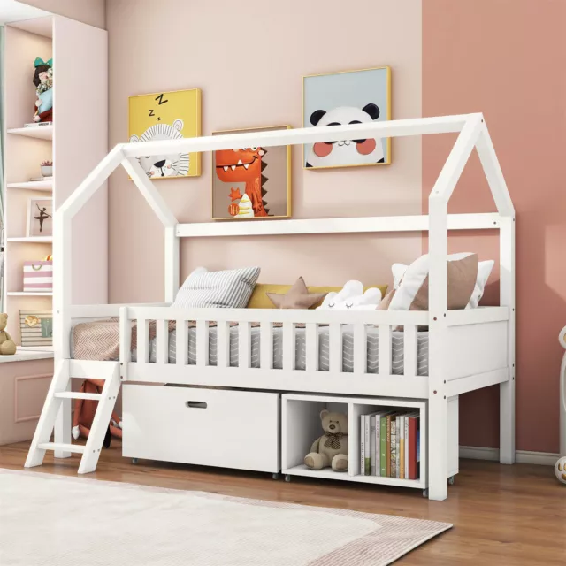 Kids Single Bunk Loft Cabin Bed Children Mid Sleeper with Drawer and Compartment