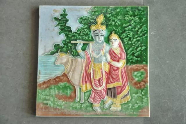Vintage Lord Krishna & Radha Figurine Colorful Ceramic Tile, Japan?