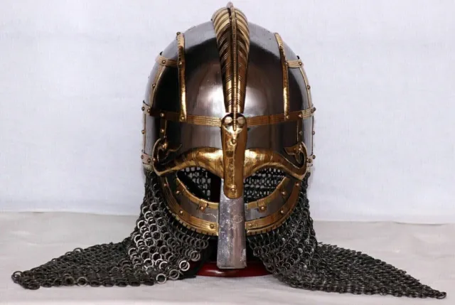 Medieval 18ga Steel Viking Vendel Helmet With Chainmail Hand Forged Halloween