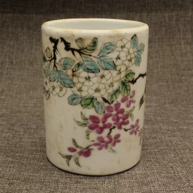 Old Chinese porcelain Qing Tongzhi color painted flowers bird jar pots pen wash