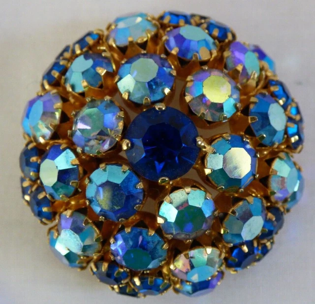 Vtg Warner Blue AB Rhinestone PIN BROOCH Signed Warner 2" Diameter Gold Tone